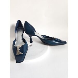 Bcbgirls Pumps 7 Y2K Heels D'Orsay Teal Blue Leather Square Toe Silver Buckle